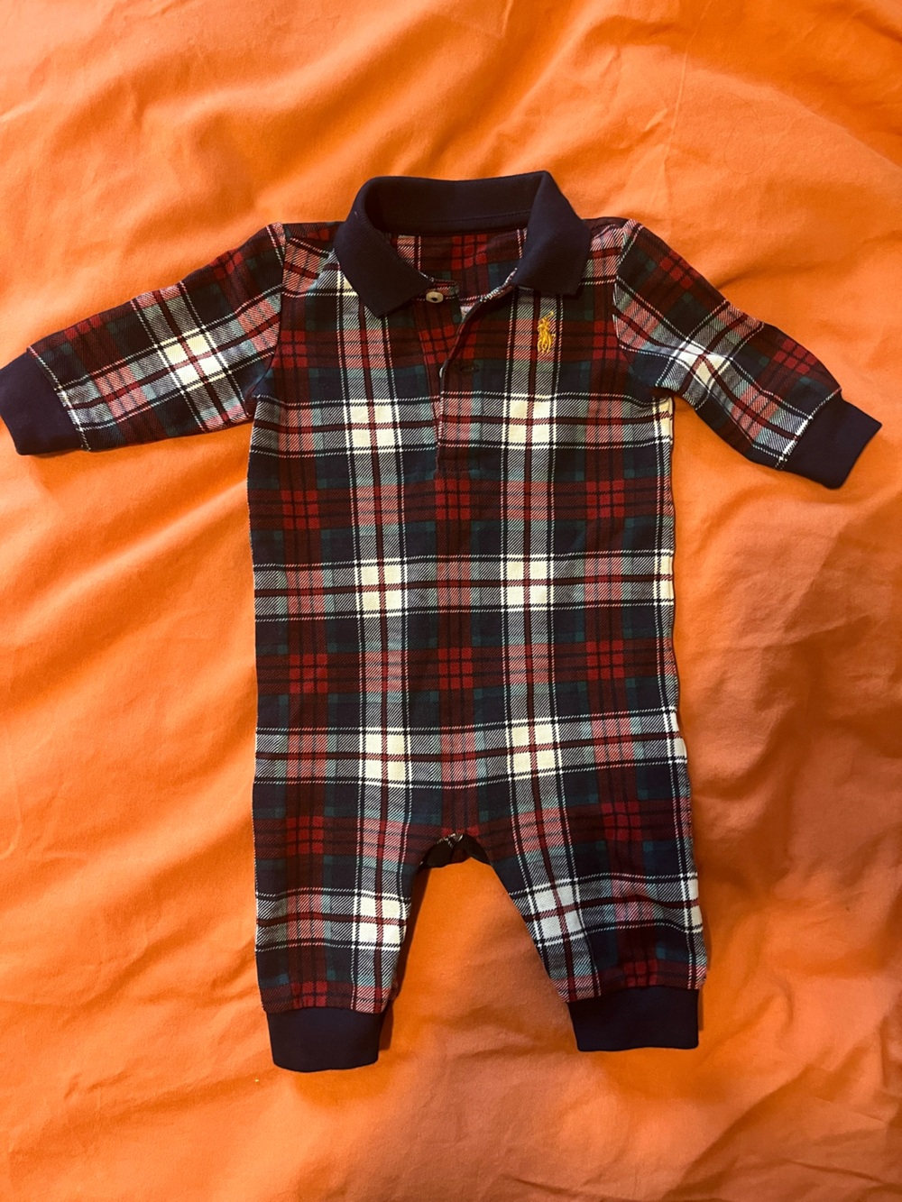 Ralph Lauren Red Navy Plaid Cotton Footie One-Piece
